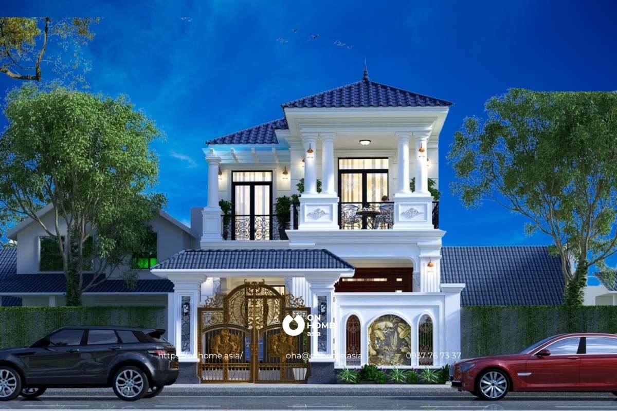 Thiết kế nhà chữ L 2 tầng 80m2 phong cách Tân Cổ Điển