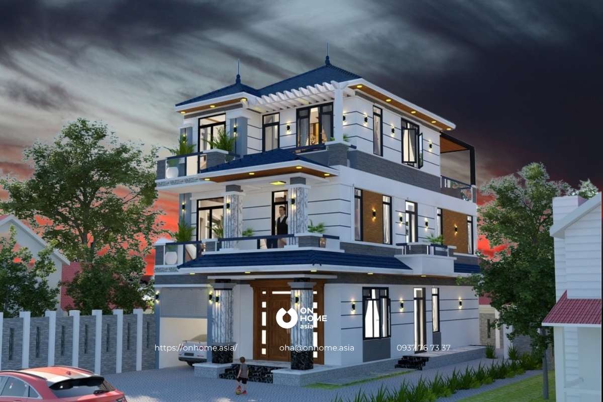 Nhà chữ L 3 tầng mái Nhật đẹp