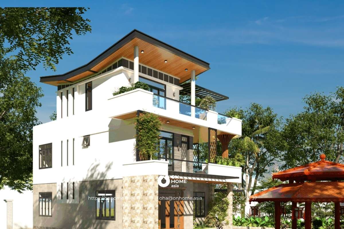 Thiết kế nhà 3 tầng chữ L mái lệch đẹp
