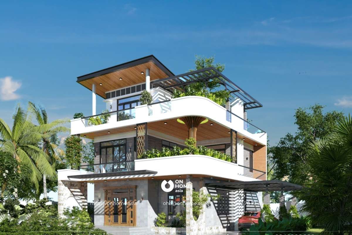 Thiết kế nhà 3 tầng chữ L mái lệch đẹp, ấn tượng