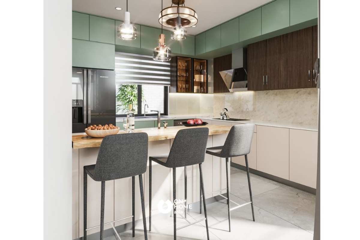 Sử dụng tone màu trắng sáng chủ đạo, kết hợp với tủ bếp màu xanh trang nhã