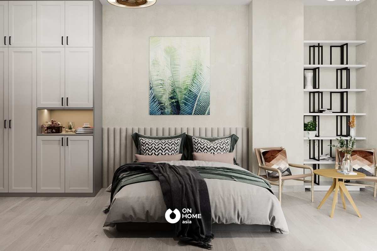 Phòng ngủ Master với tông màu xám dịu nhẹ 