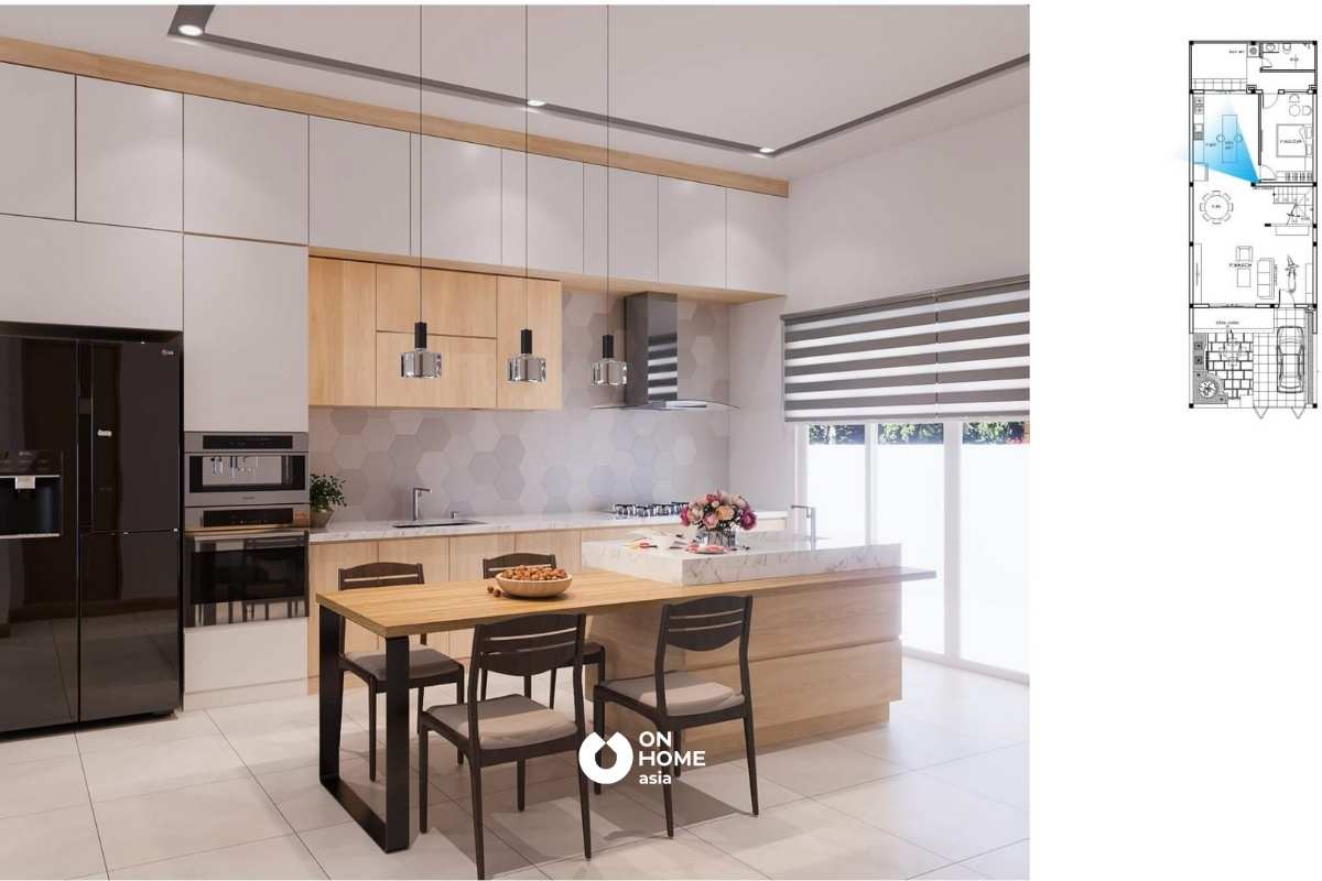 Nhà bếp hiện đại, tông màu sáng mang lại cảm giác tươi trẻ và ấm áp