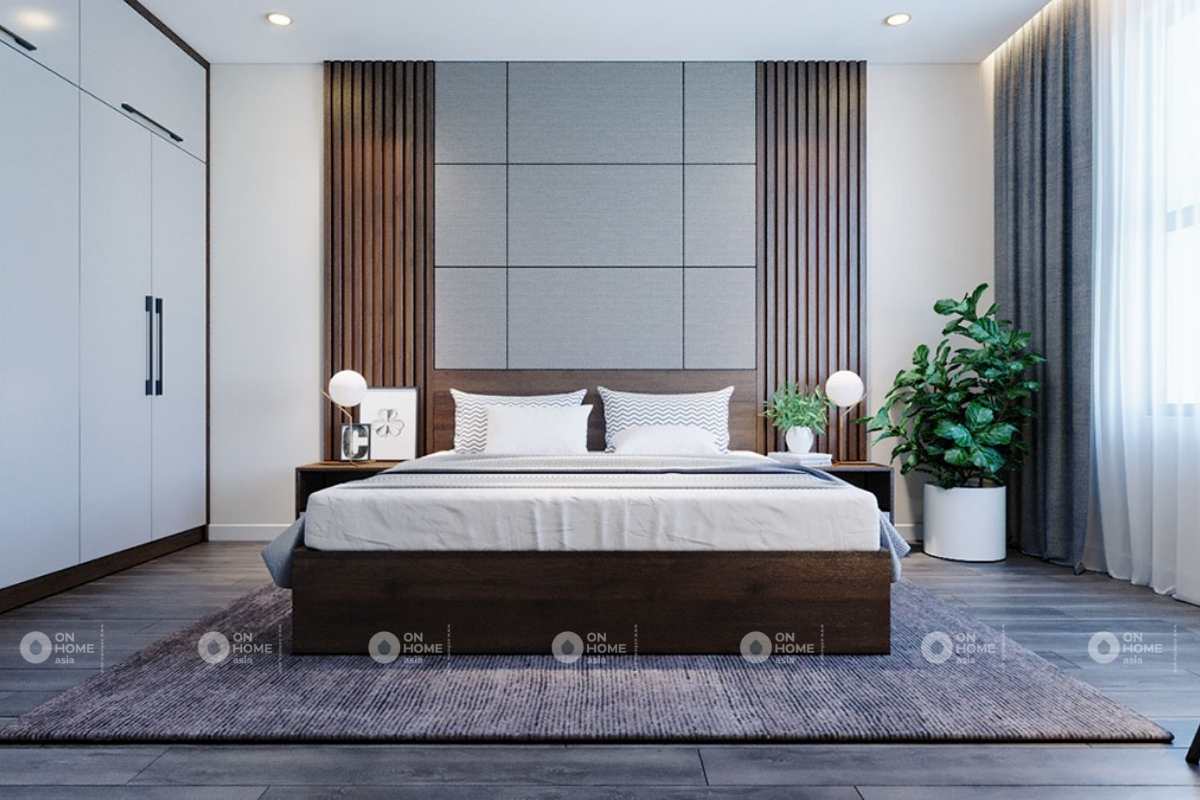 Nội thất phòng ngủ thứ hai với gam xám và nâu ấm áp