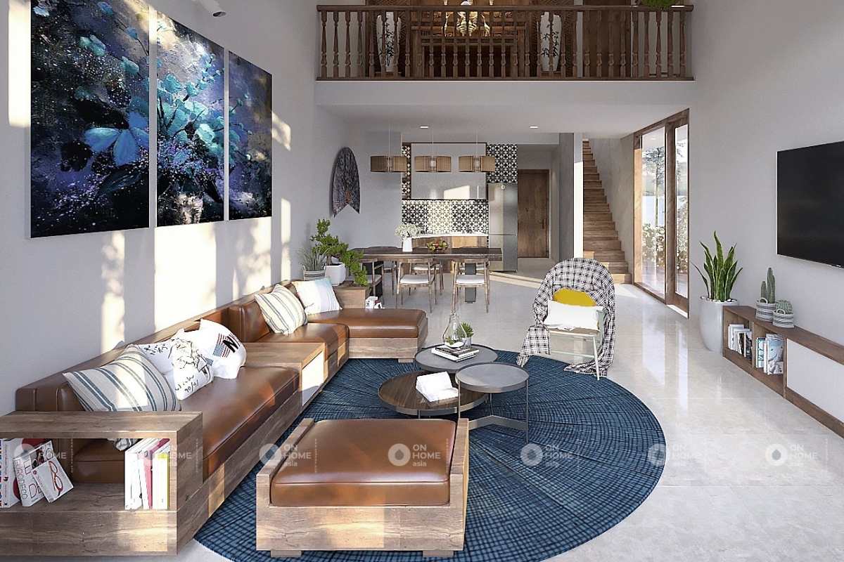 Thiết kế nội thất phòng khách nhà phố 5x20m với các đường nét phòng khoáng