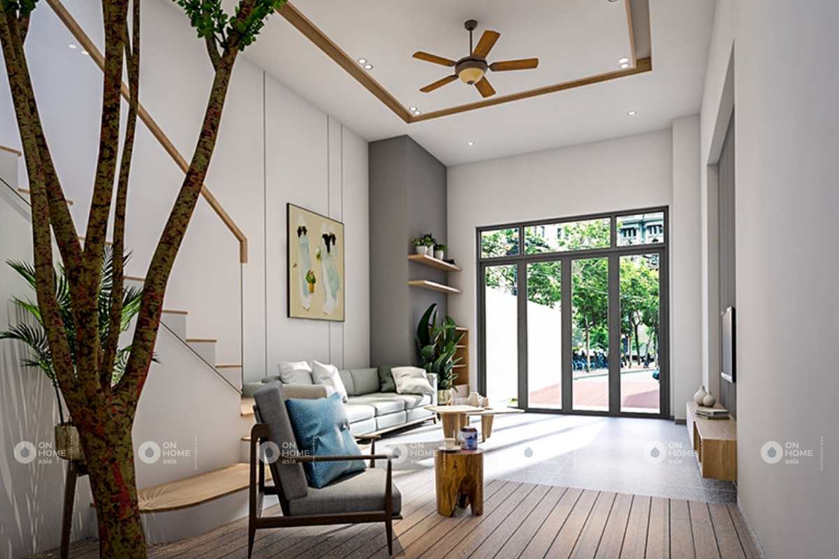 Thiết kế nội thất nhà phố 5x20m với cửa kính lớn&nbsp;