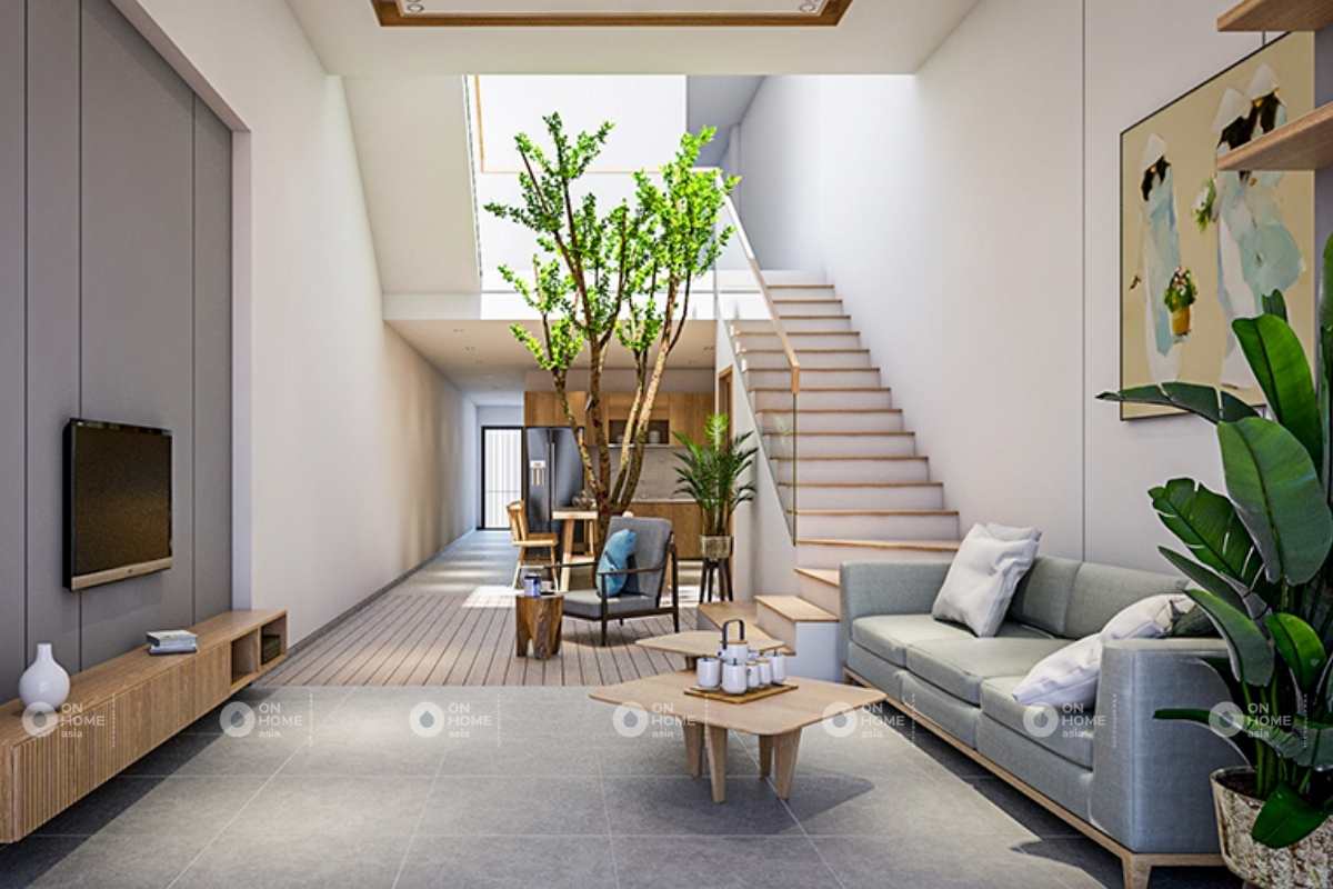 Thiết kế nội thất phòng khách 5x20m với phòng khách đơn giản