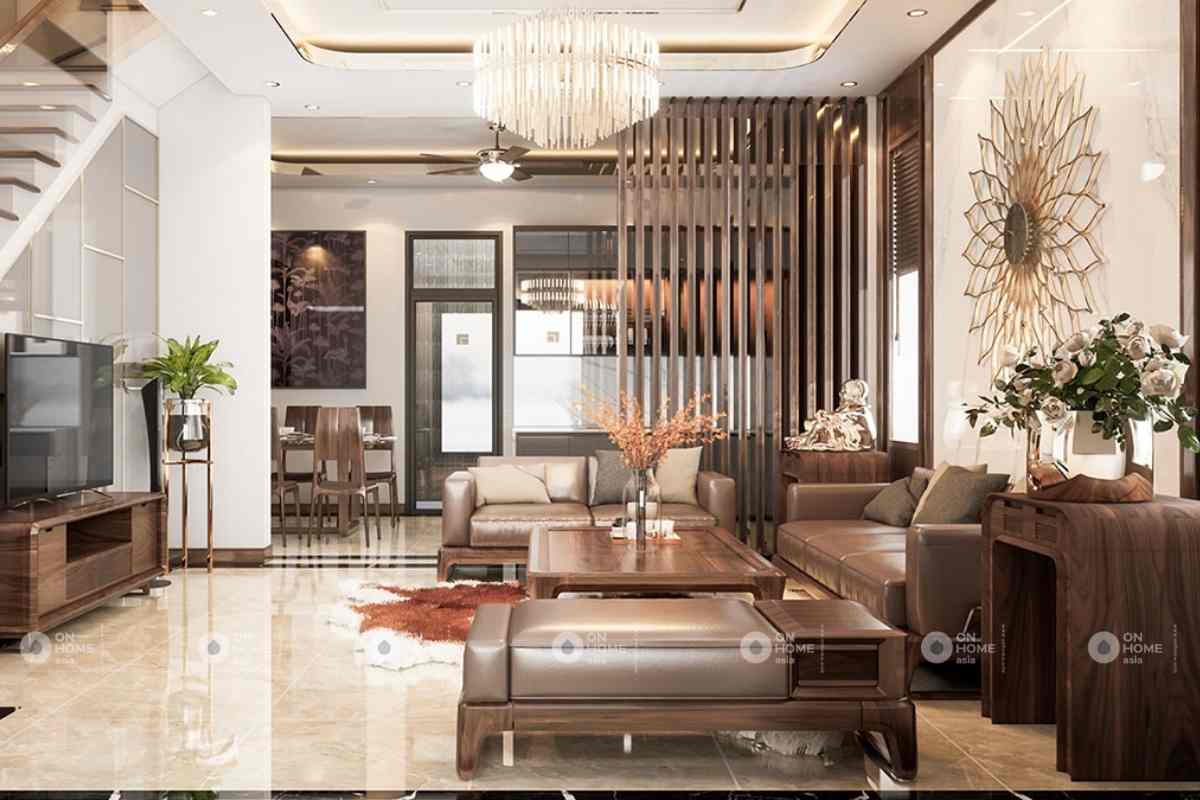 tường phòng khách nội thất nhà phố 90m2