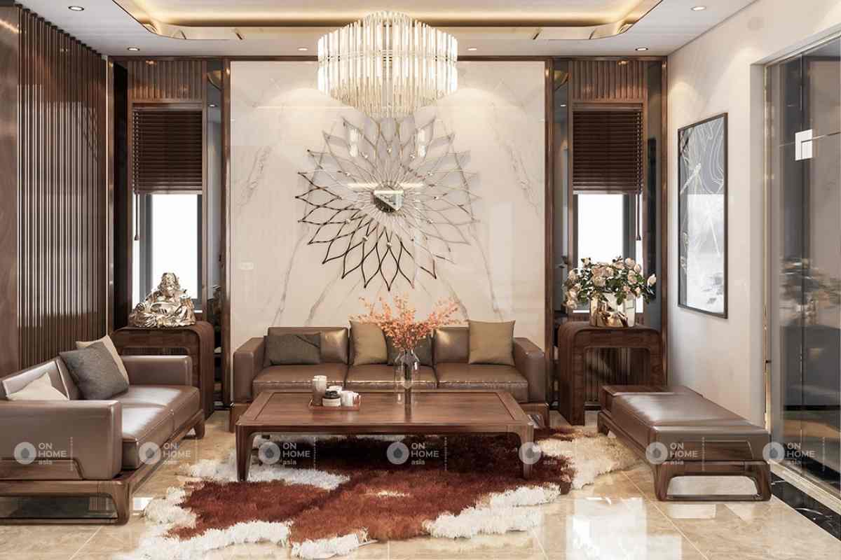Phòng khách của nội thất nhà phố 90m2 bằng gỗ