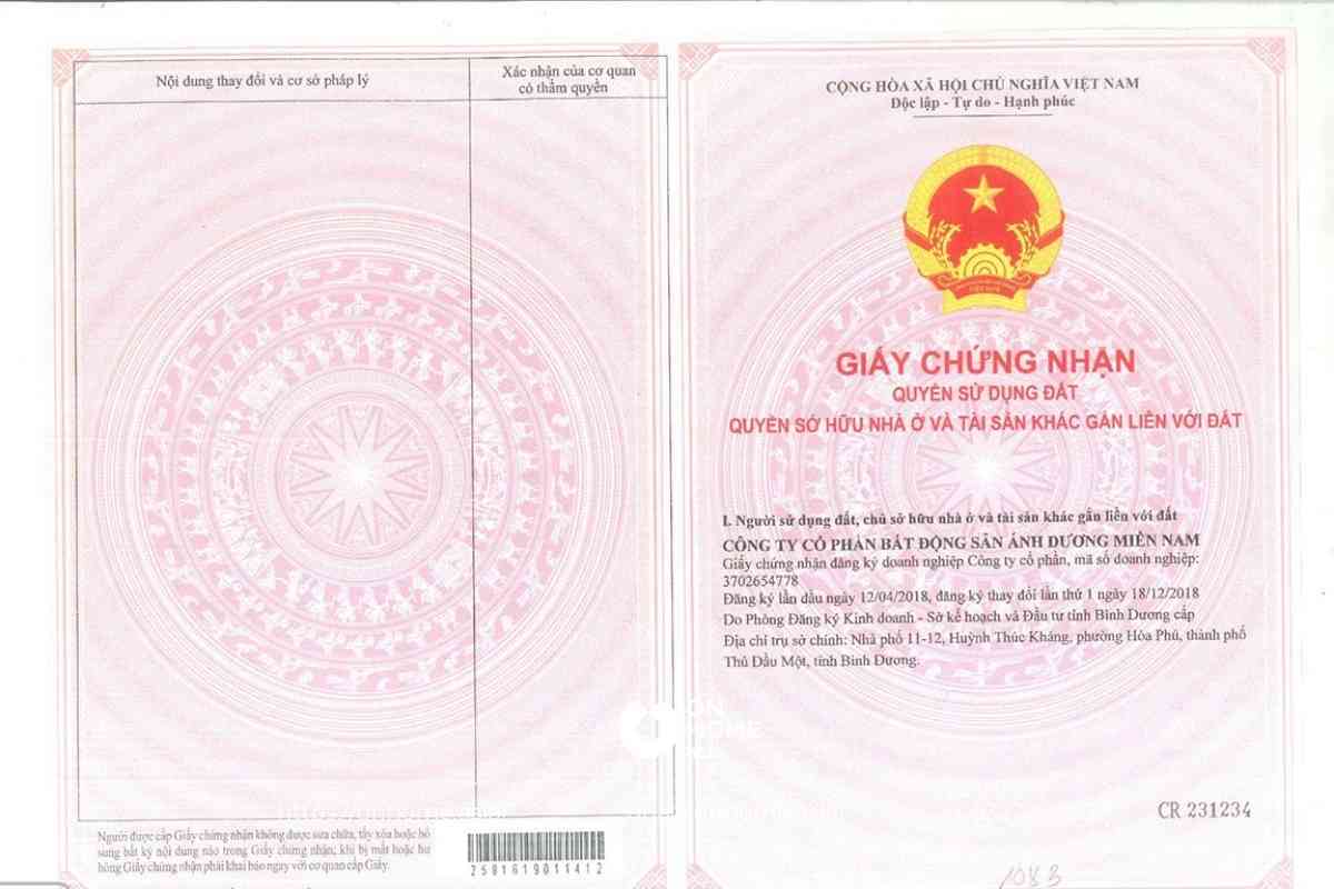 Sổ hồng chứng nhận quyền sử dụng đất tại dự án Phúc An Ashita