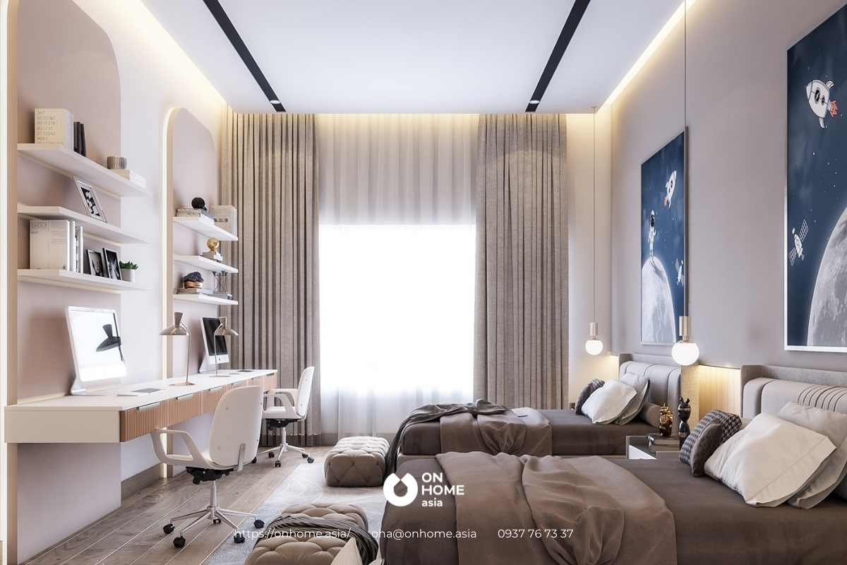 Bàn học dạng treo tiện lợi được đặt cuối giường