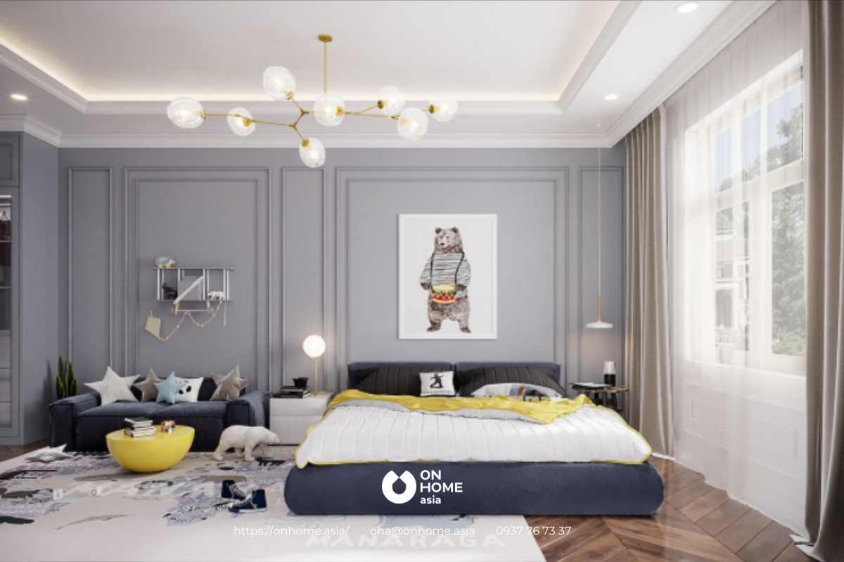 Phòng trẻ em với sự kết hợp hoàn hảo giữa màu xám và vàng