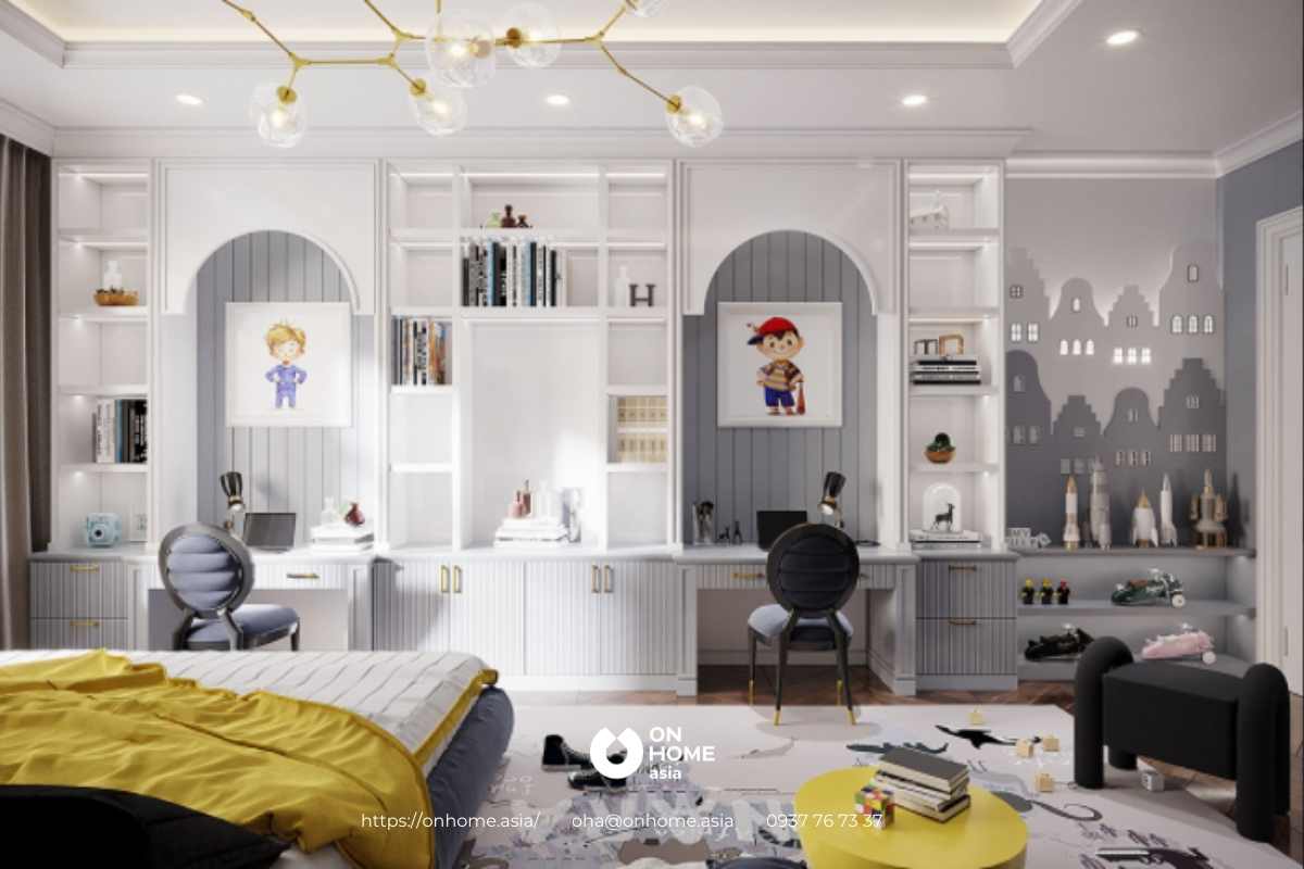 Thiết kế 2 bàn học đôi giúp không gian thêm phần sang trọng