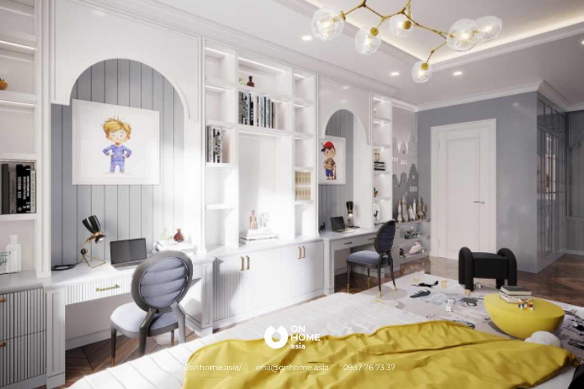 Phòng ngủ cho 2 bé trai được bố trí đầy đủ nội thất