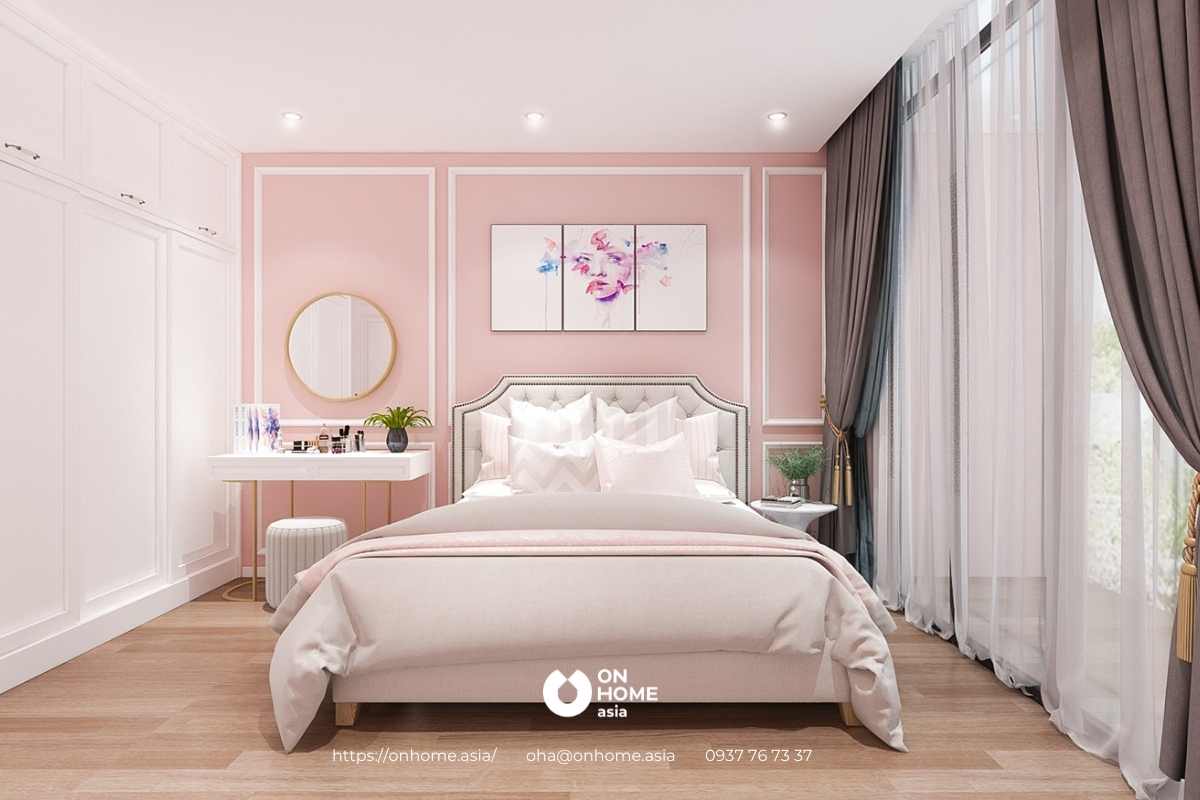 Phòng trẻ em với sắc trắng, hồng chủ đạo