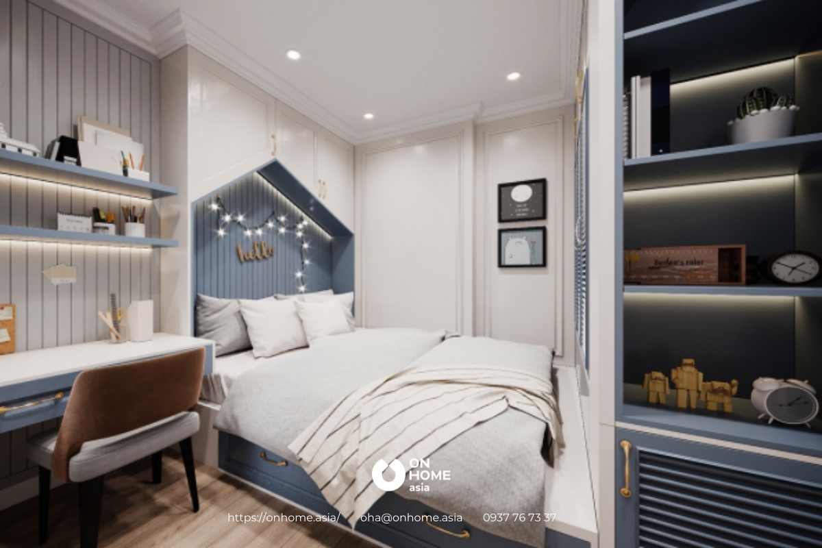 nội thất phòng ngủ với màu trắng, xanh