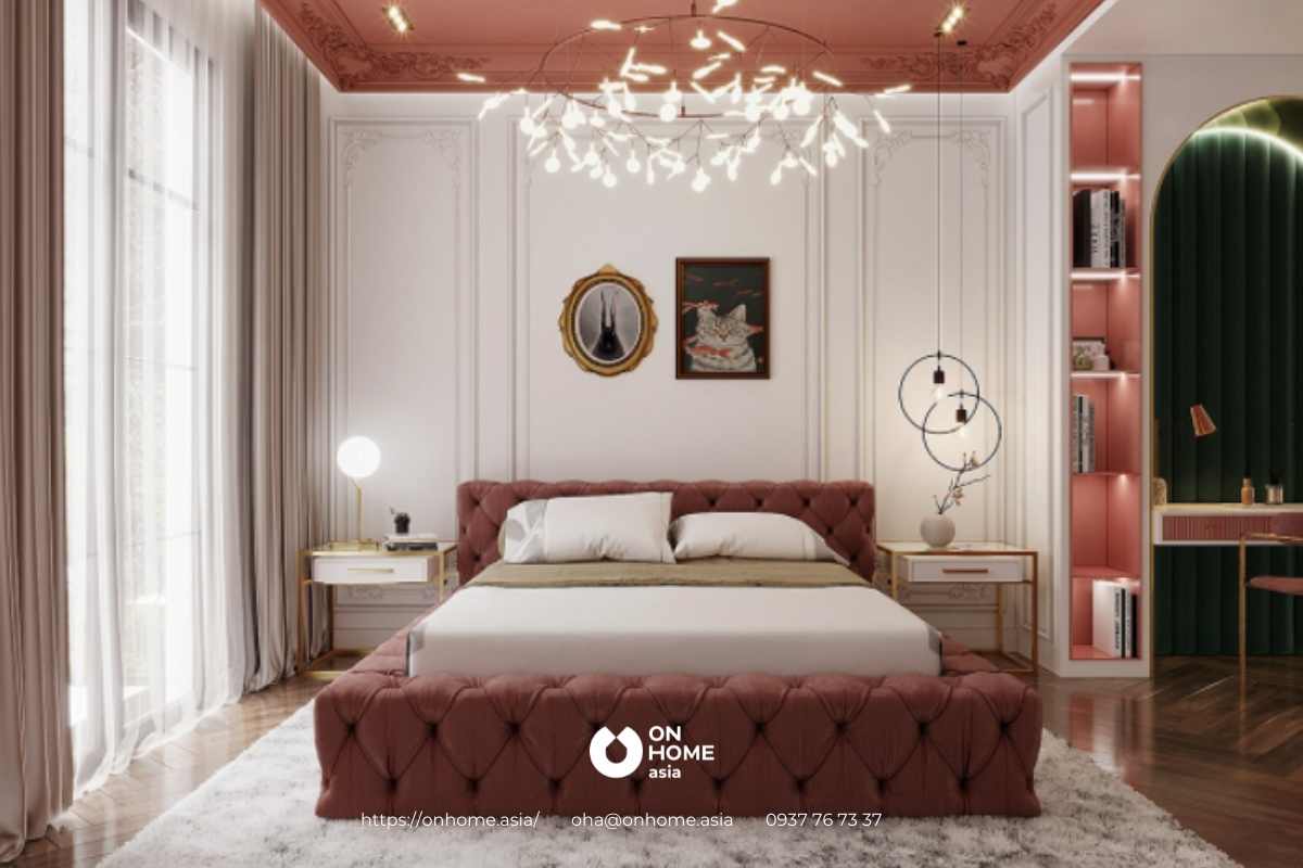 phòng ngủ trẻ em với màu hồng và trắng