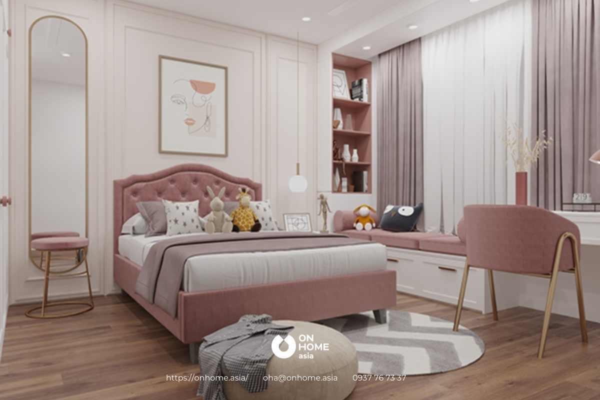 Phòng ngủ bé gái với sắc hồng chủ đạo