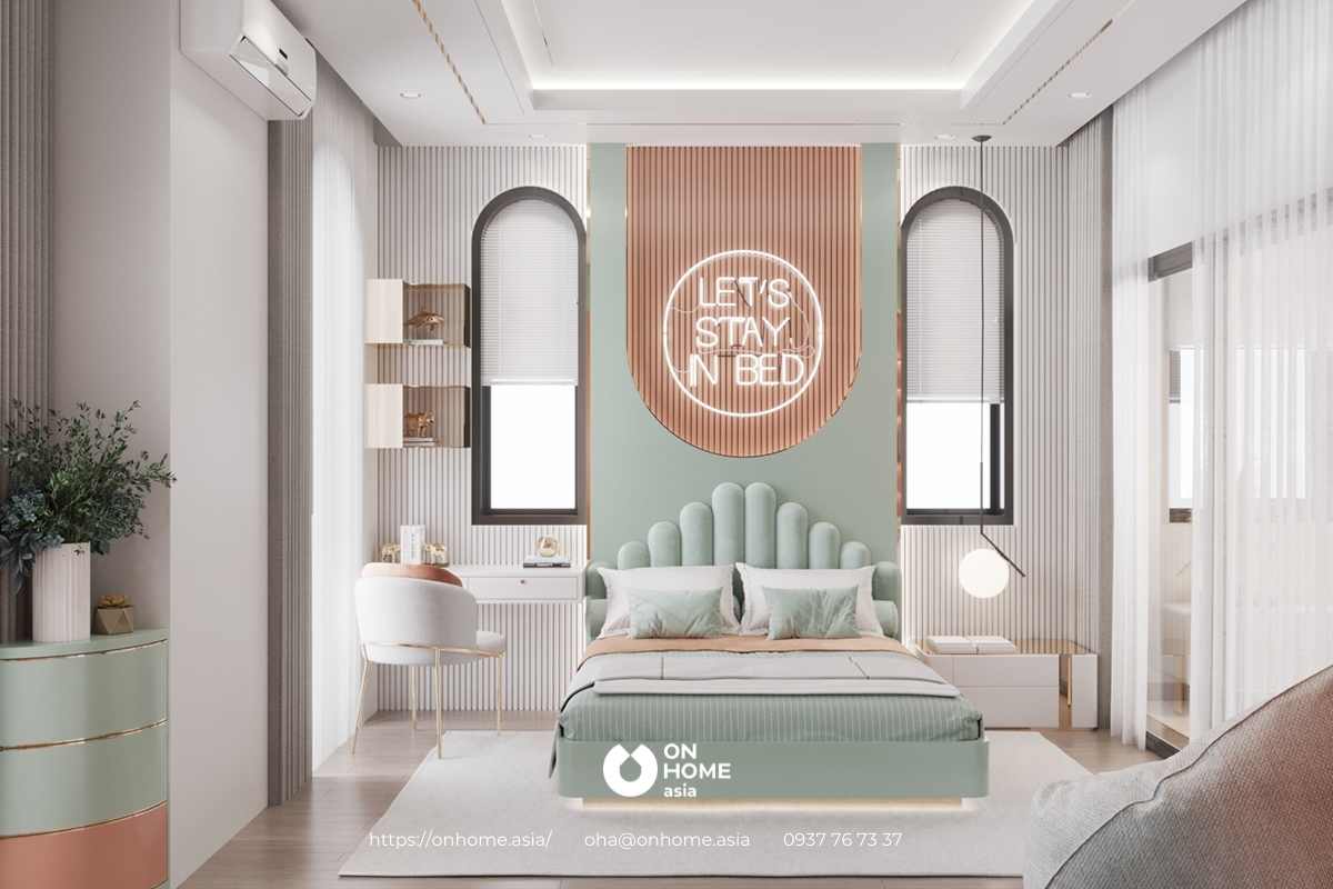 Phòng ngủ với sắc xanh nổi bật&nbsp;