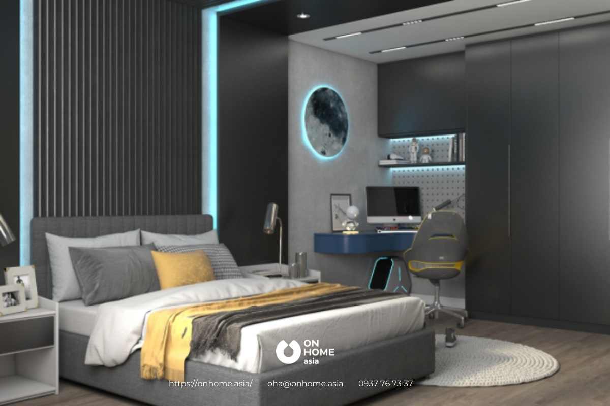 Phòng ngủ bé trai với gam màu trầm ấm