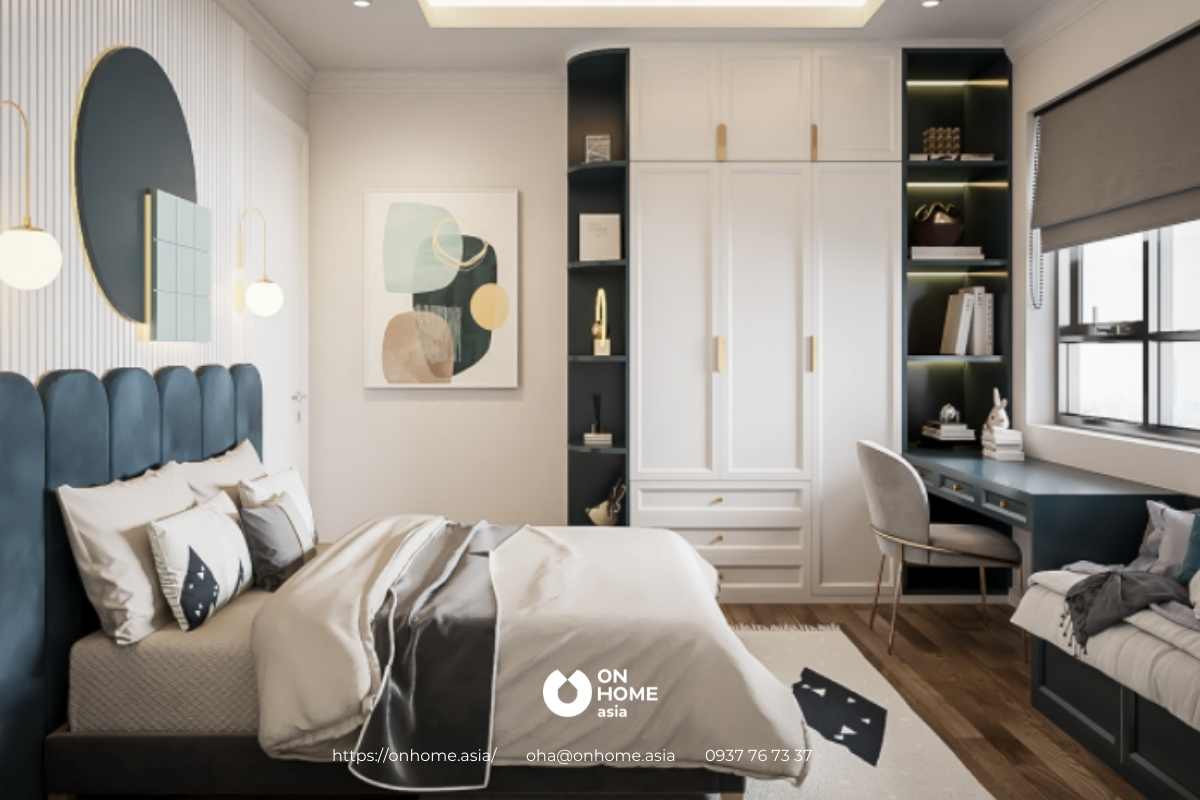 Màu xanh và trắng giữ vai trò chủ đạo trong phòng ngủ