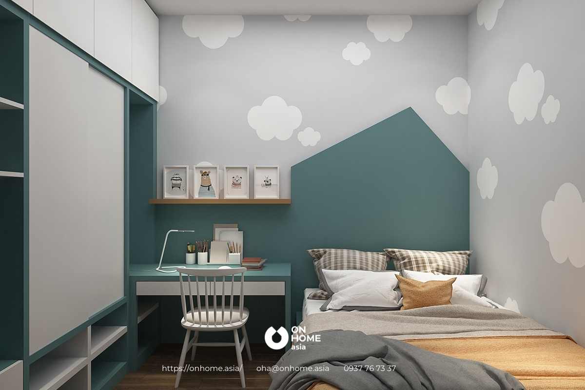 Phòng ngủ bé trai với màu xanh và trắng chủ đạo