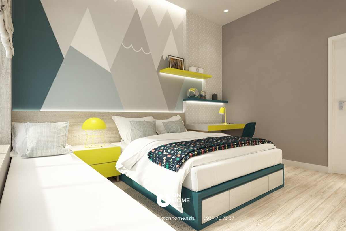 Nội thất phòng ngủ với màu xanh, trắng và vàng nổi bật&nbsp;