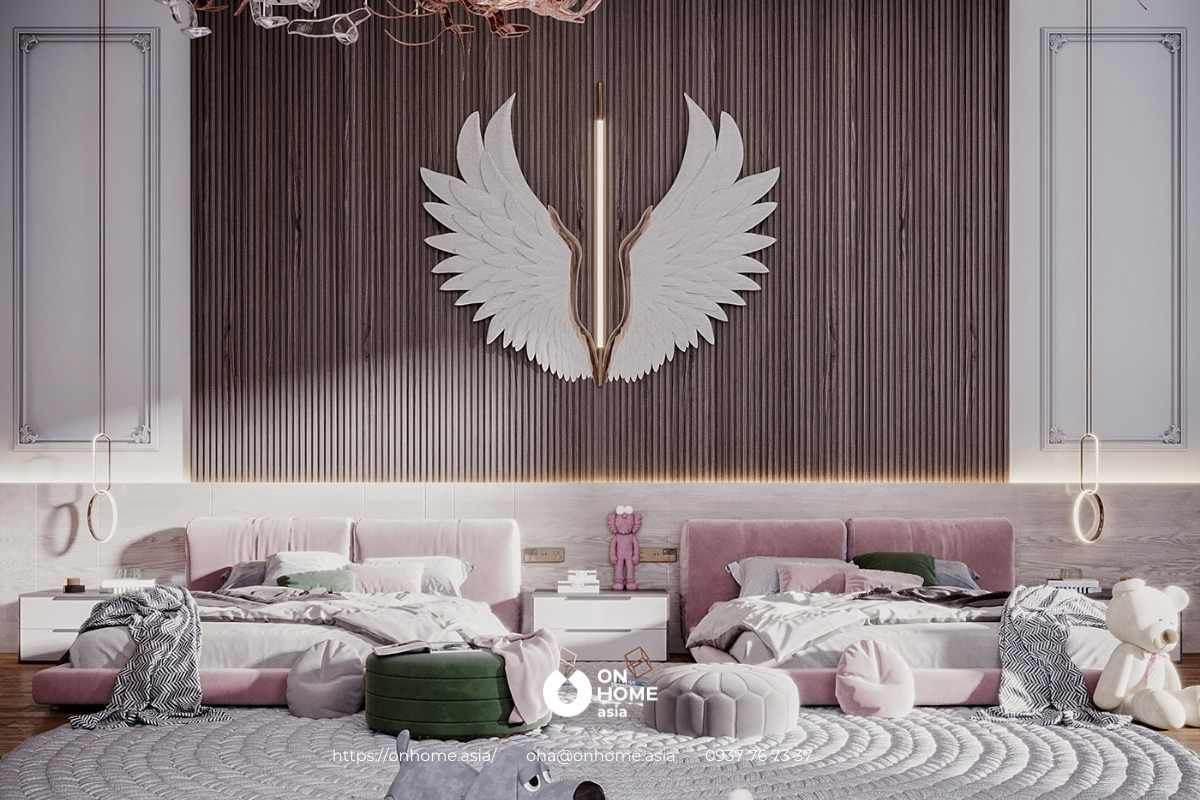 Mẫu phòng ngủ màu hồng dành cho 2 bé gái