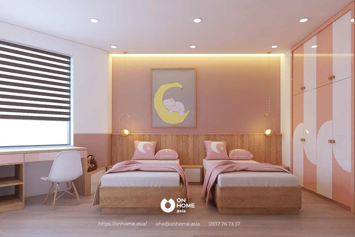 Thiết kế phòng ngủ 2 bé gái đơn giản