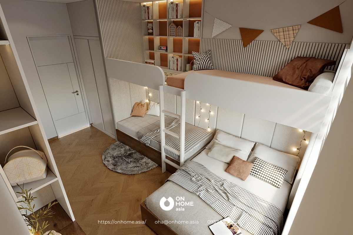 Giường ngủ với bộ ga trải giường sọc caro nổi bật&nbsp;