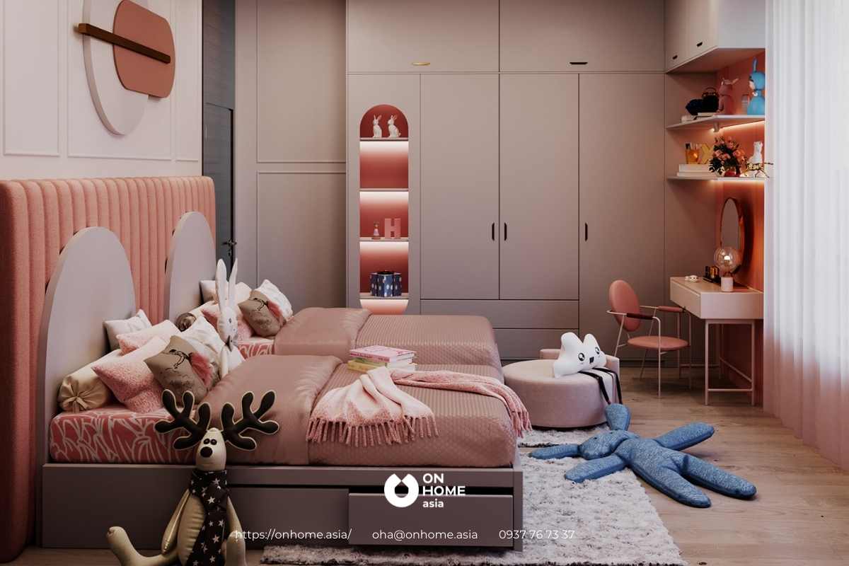 Thiết kế phòng ngủ màu hồng cho 2 bé gái