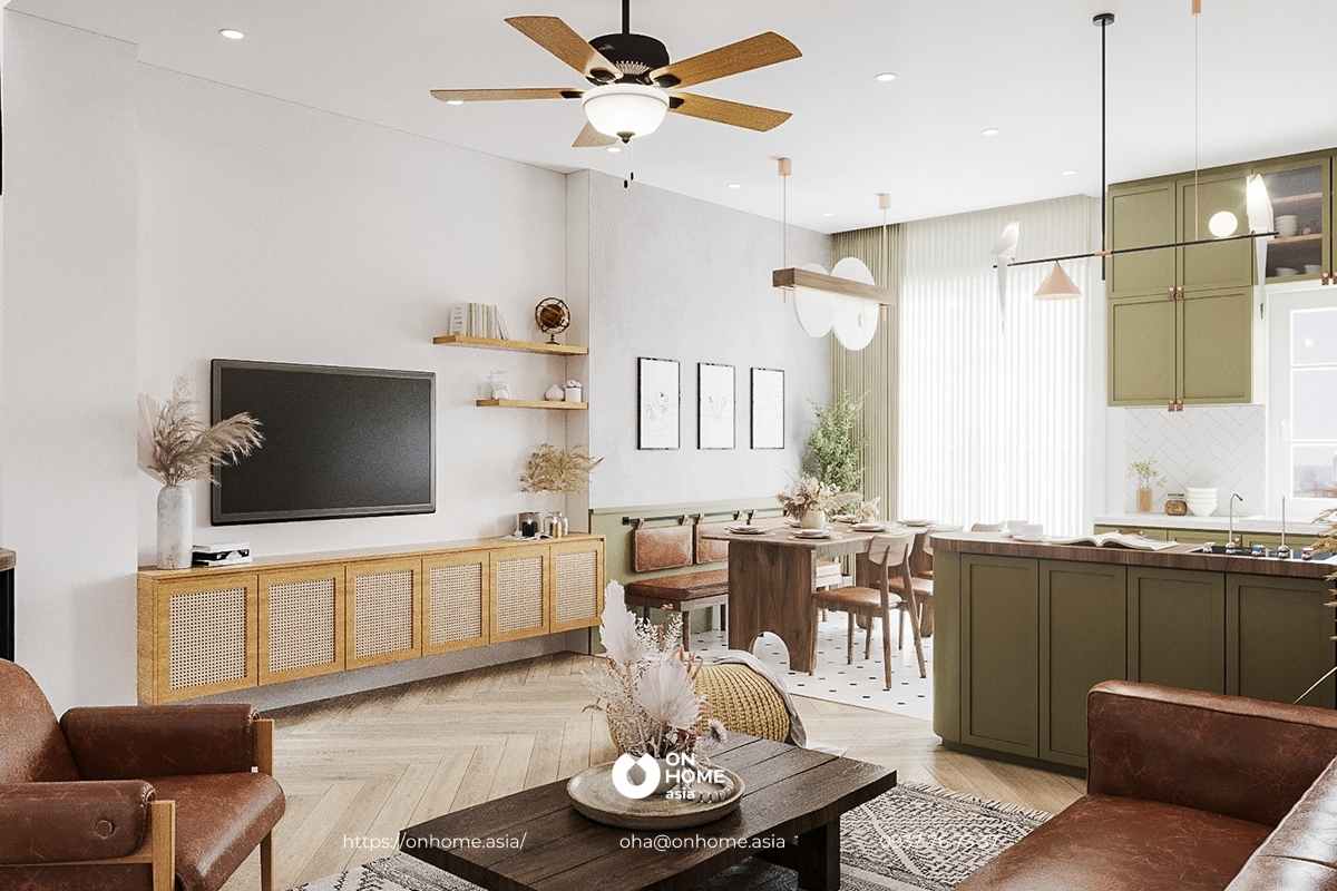 Phòng bếp đẹp với màu xanh chủ đạo