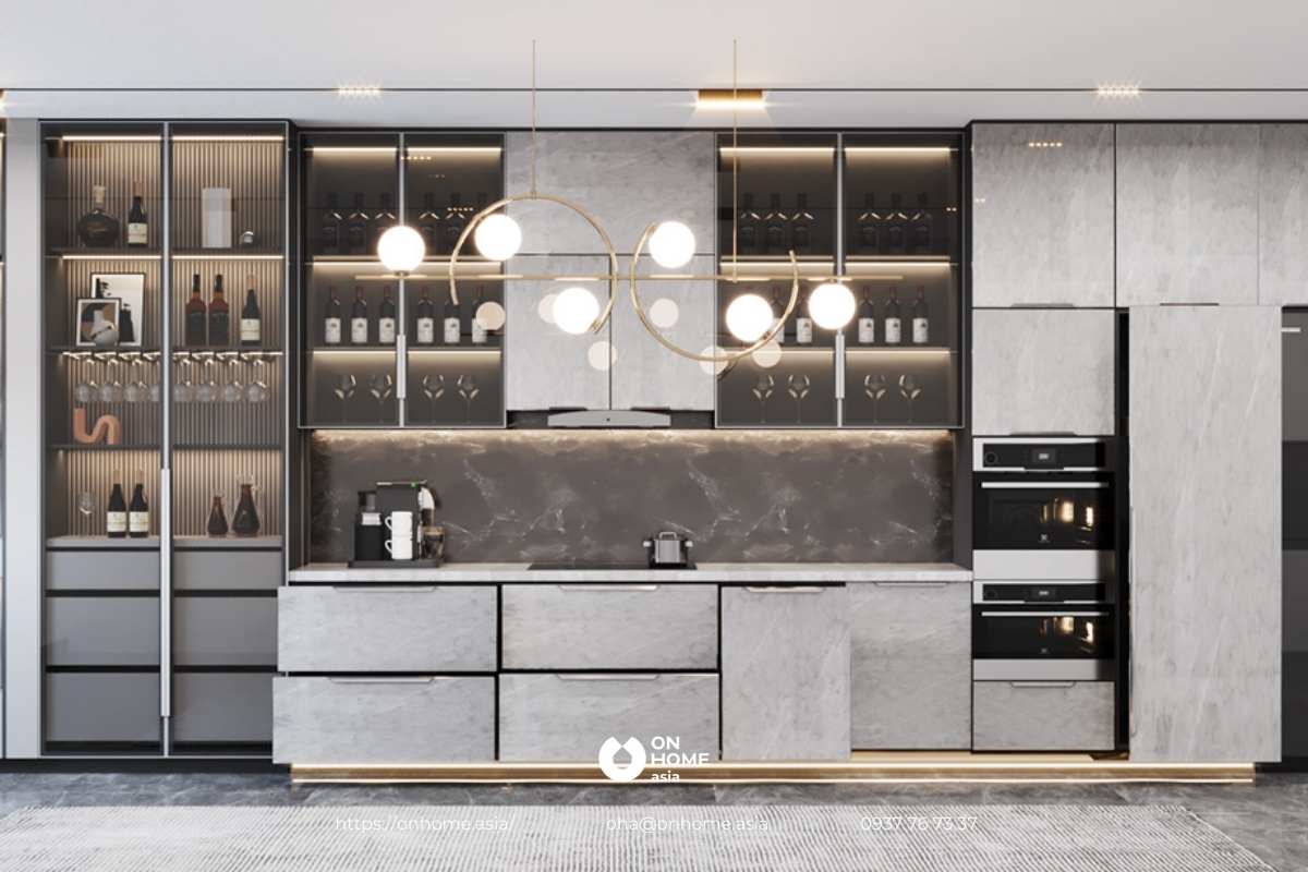 Tủ bếp kết hợp với tủ rượu cao cấp