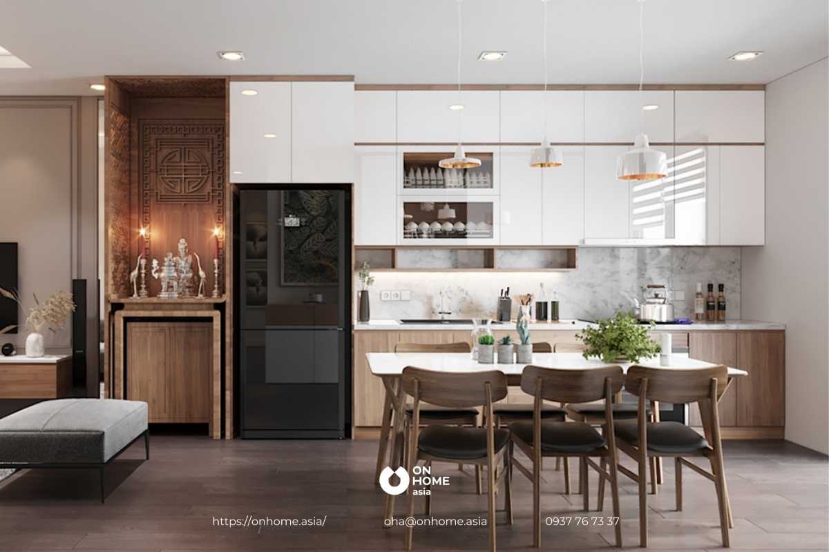 Thiết kế phòng bếp hiện đại với màu nâu và trắng chủ đạo