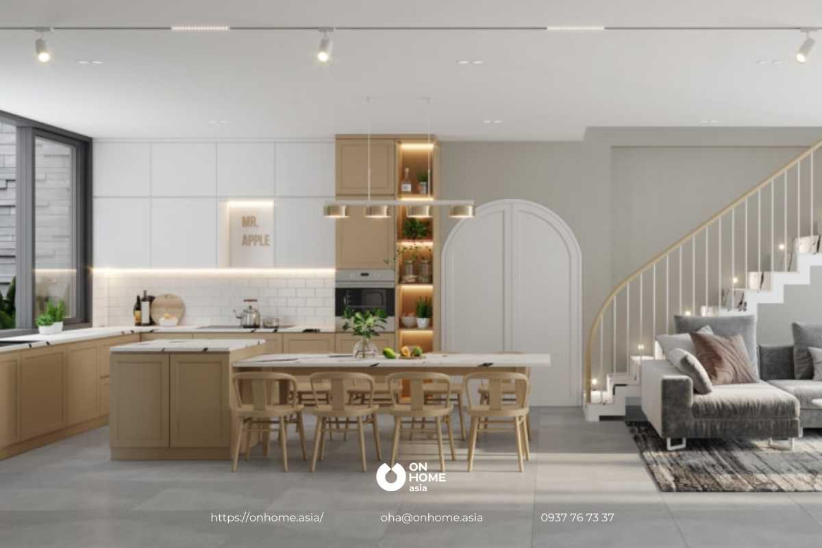 Tông trắng và nâu chủ đạo trong thiết kế nội thất phòng bếp