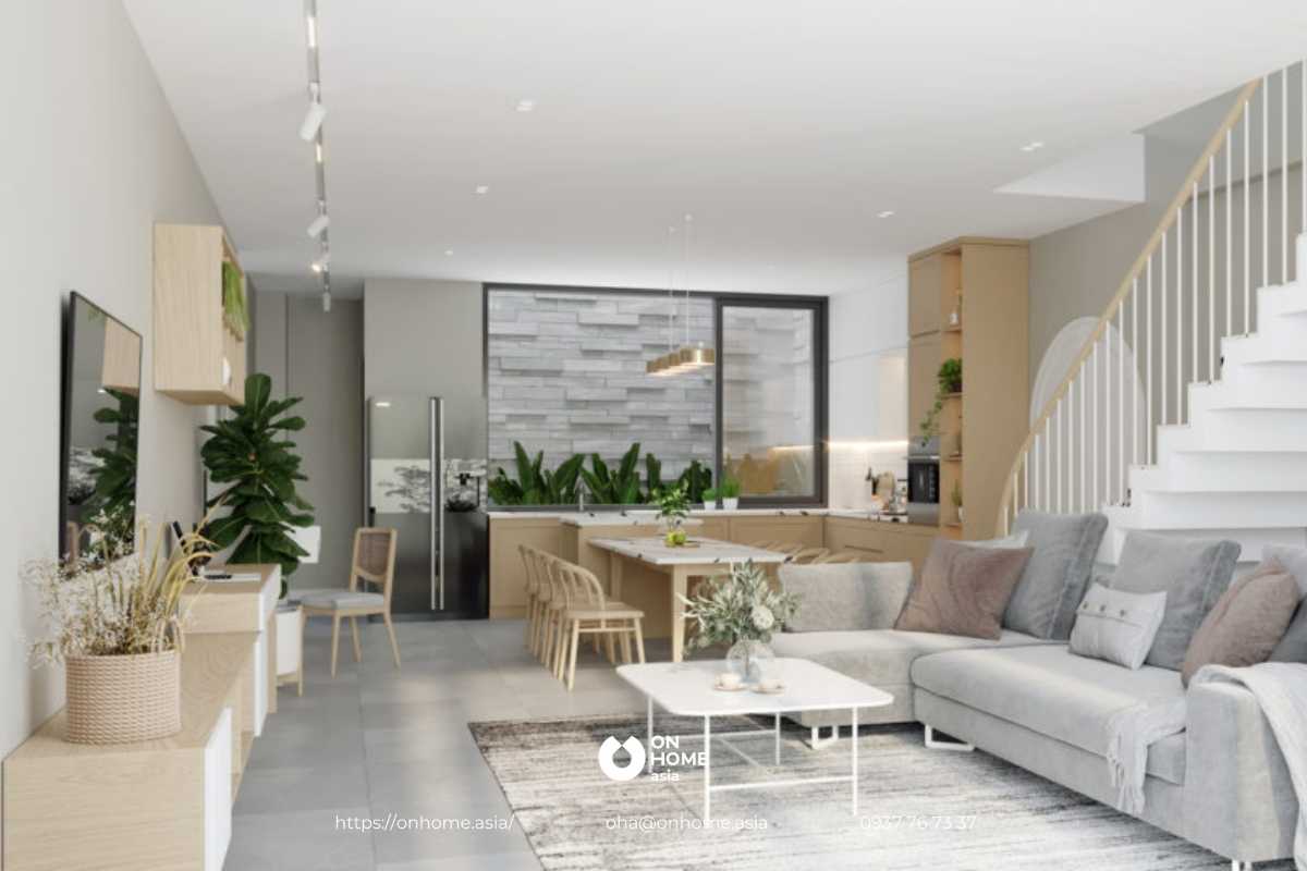 Thiết kế bếp nối liền phòng khách