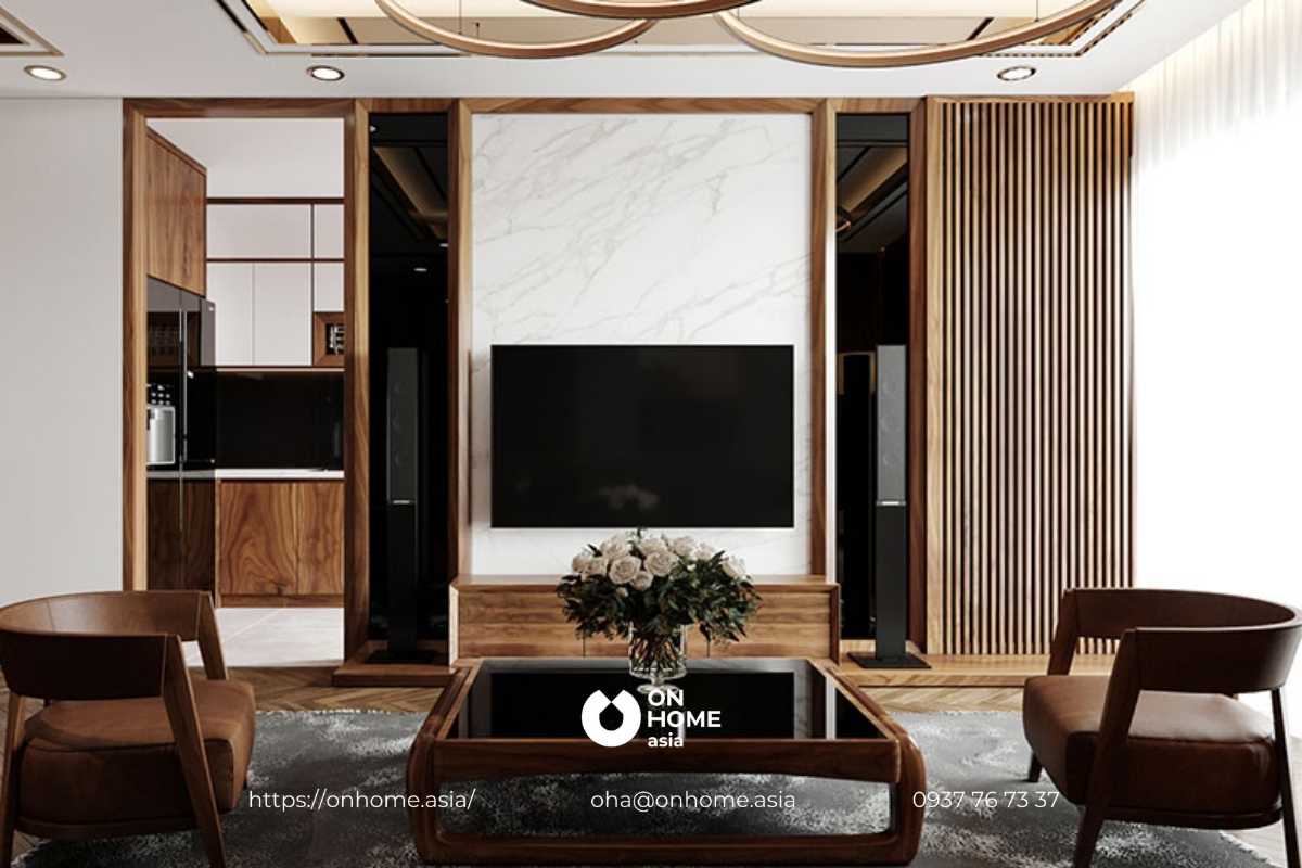 Phòng khách chung cư gỗ Óc Chó
