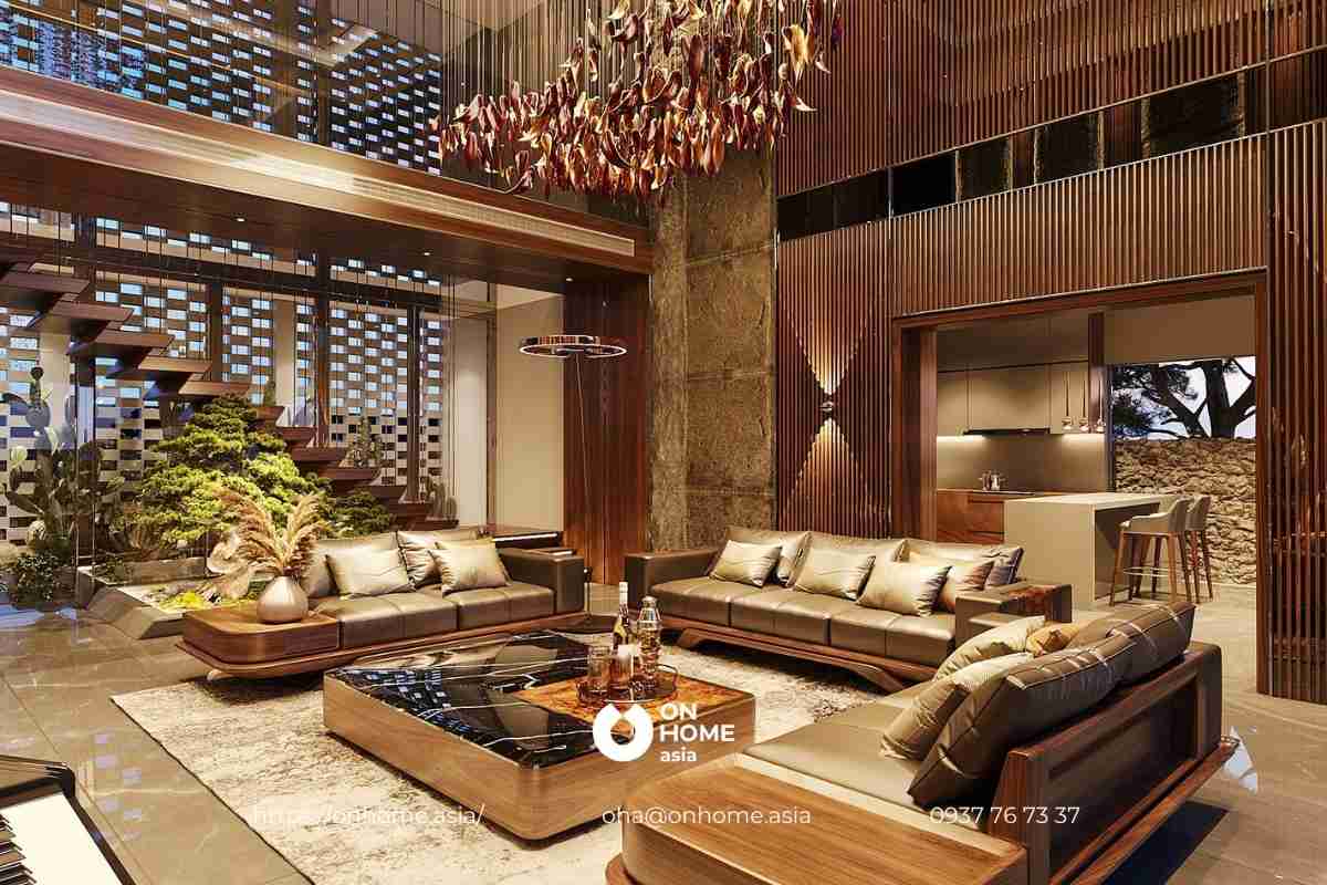 Phòng khách biệt thự gỗ Óc Chó thời thượng