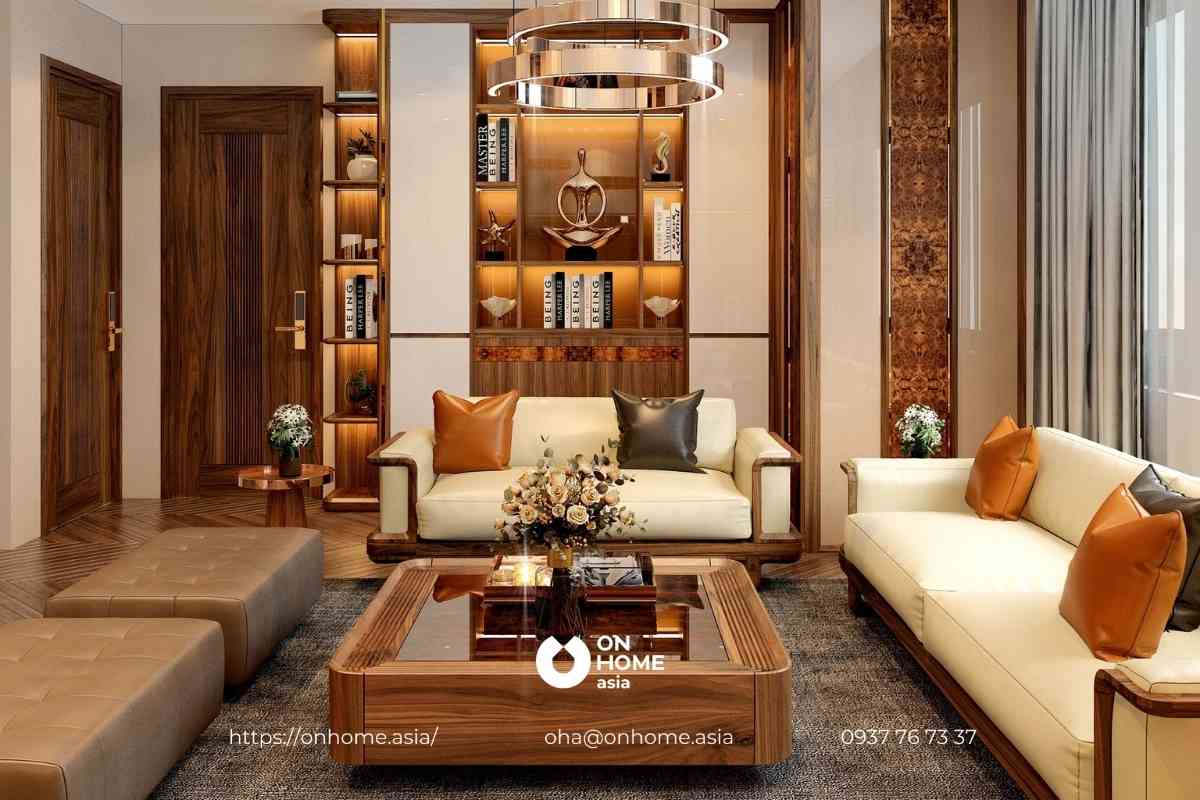 Bộ sofa gỗ Óc Chó kết hợp da màu kem