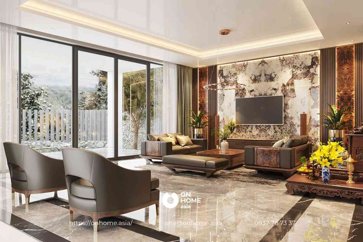 thiết kế nội thất phòng khách gỗ óc chó đẹp