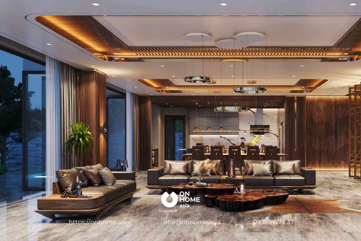 Thiết kế phòng khách biệt thự gỗ Óc Chó