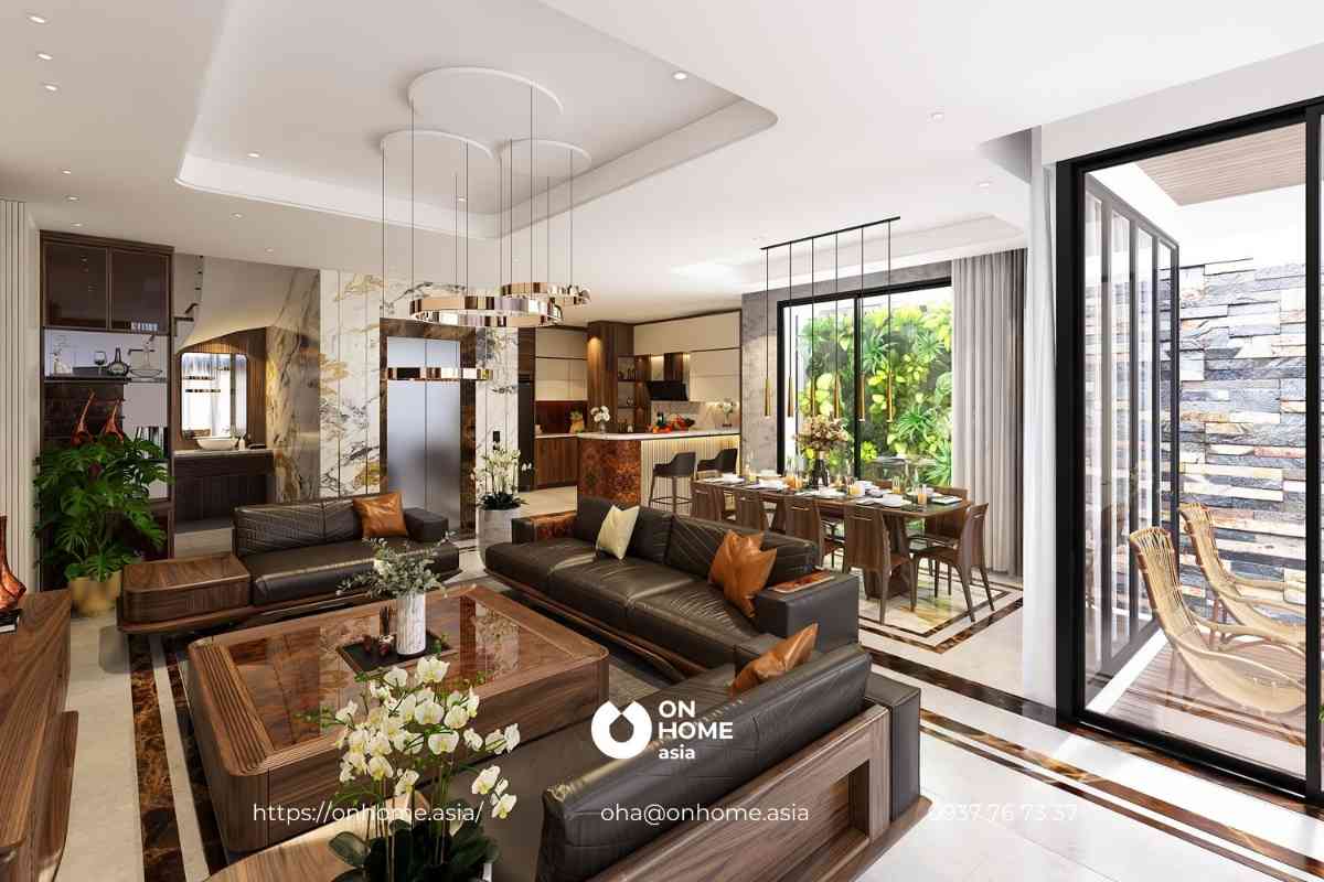 Phòng khách nhà phố gỗ Óc Chó cao cấp