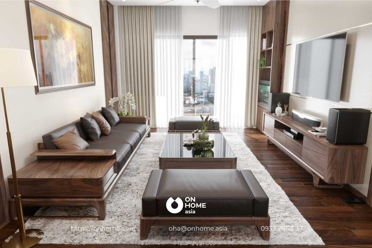 Phòng khách chung cư gỗ Óc Chó sang trọng