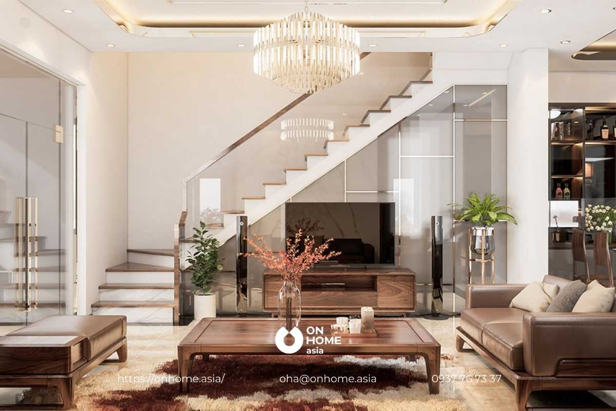 Thiết kế phòng khách gỗ Óc Chó đẹp