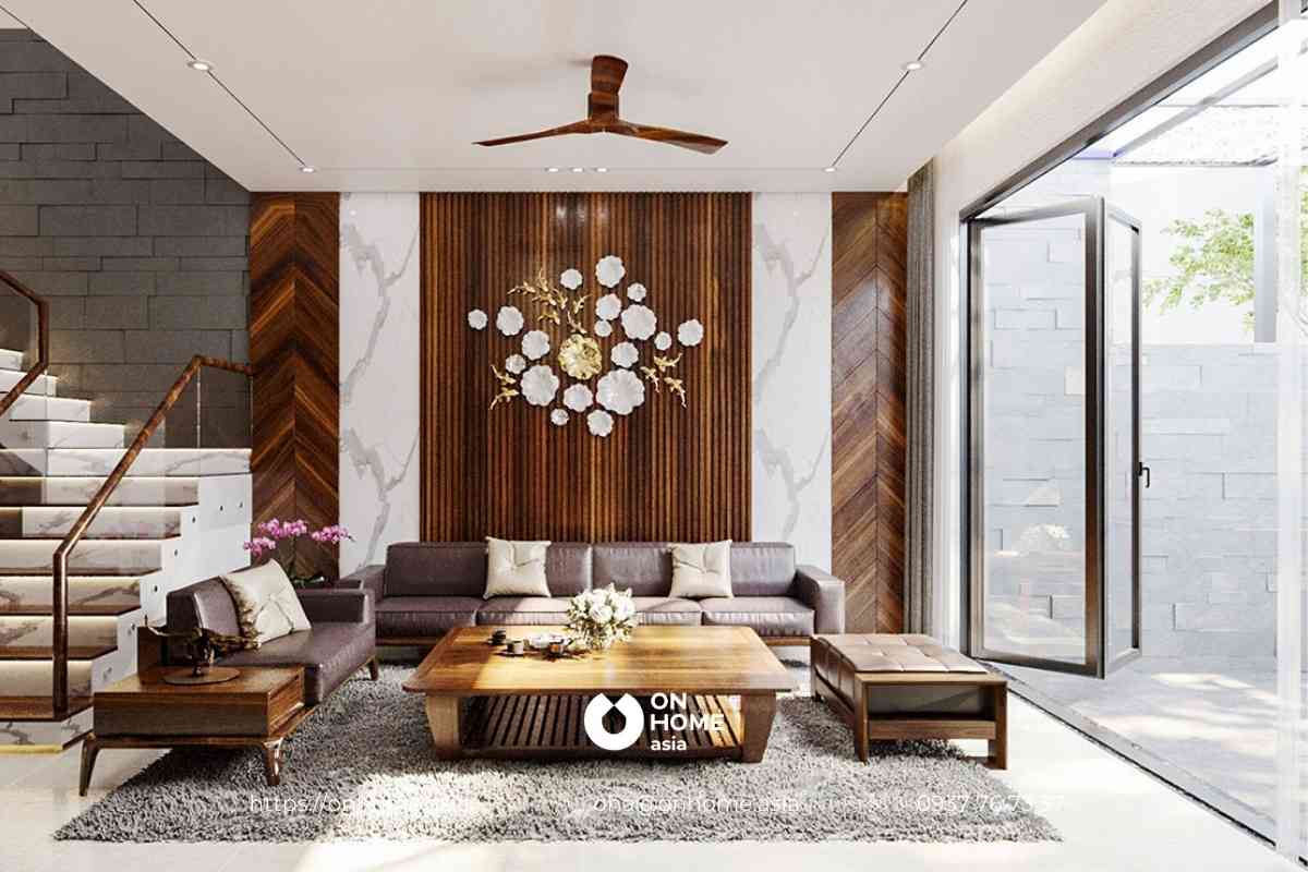 Thiết kế phòng khách gỗ Óc Chó đẹp