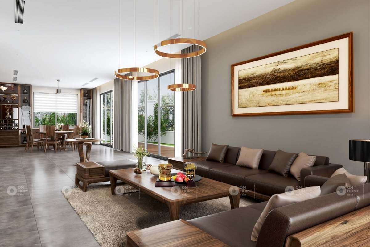 Thiết kế phòng khách nhà ống với chất liệu giỗ sang trọng&nbsp;