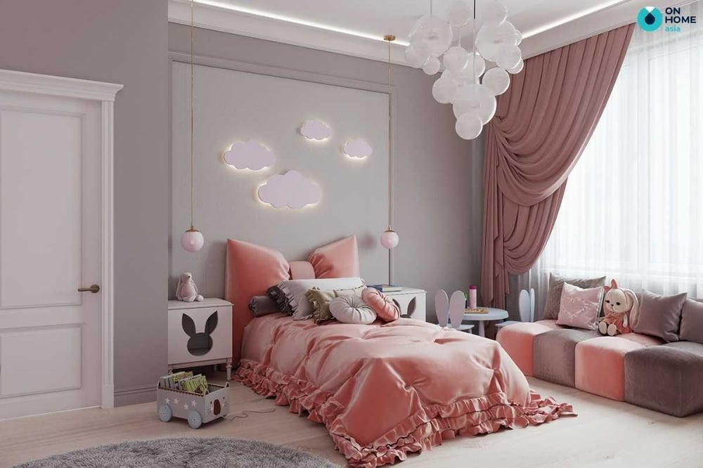 Phòng ngủ bé gái sang trọng màu hồng