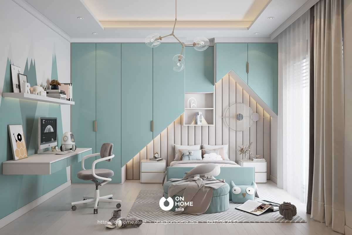 Thiết kế phòng trẻ em với màu xanh và trắng chủ đạo