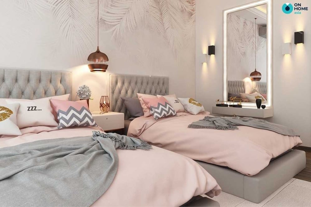 Phòng ngủ bé gái màu hồng giường đôi