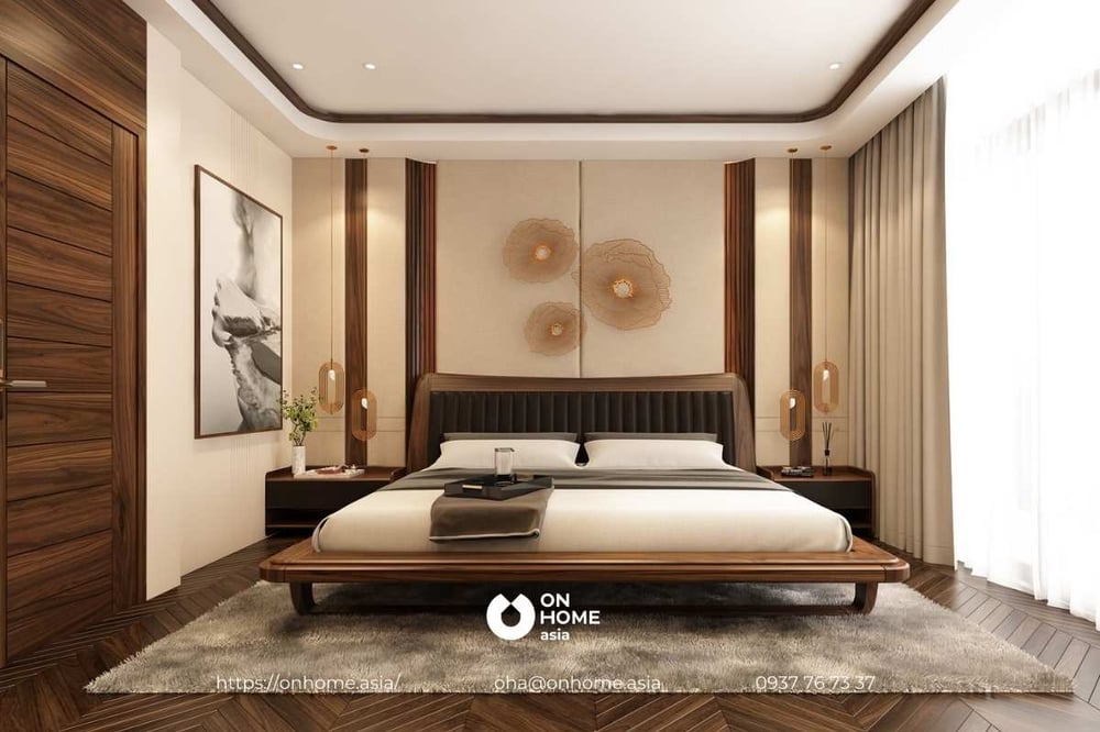 Thiết kế nội thất phòng ngủ gỗ Óc Chó theo phong cách Tân Cổ Điển thời thượng